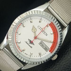 Vintage 1981 Citizen Automatic Mens Silver Watch W/daydate & Red accents